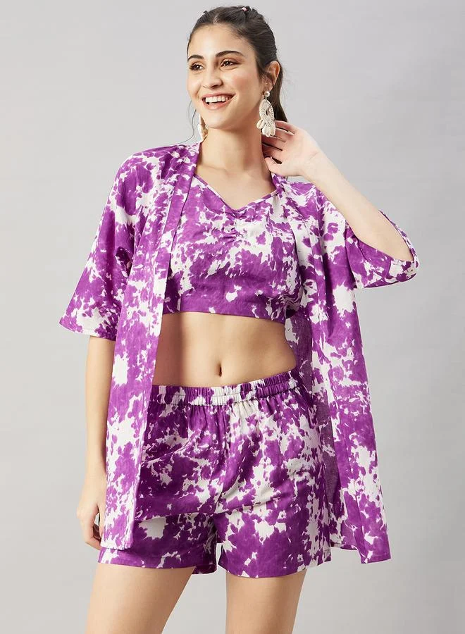 WineRed Women Purple Kimono and Top with Shorts Co-Ords